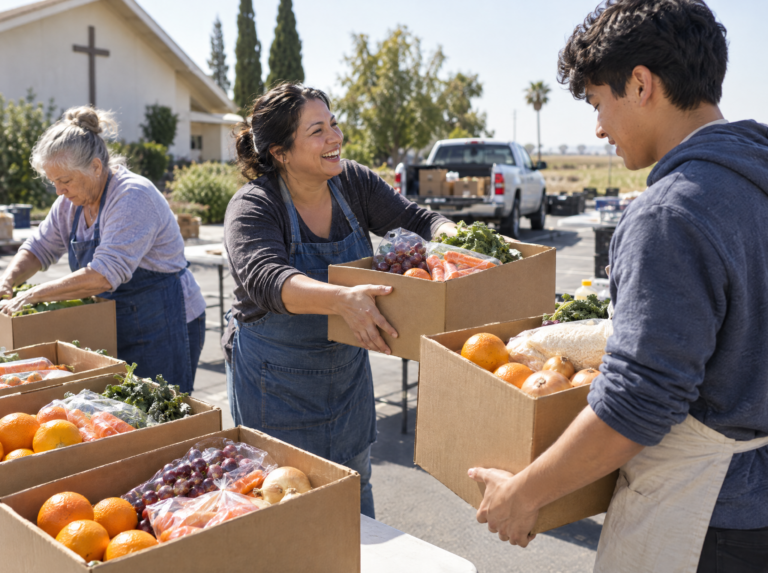 Volunteers packing boxes of fresh produce for the community