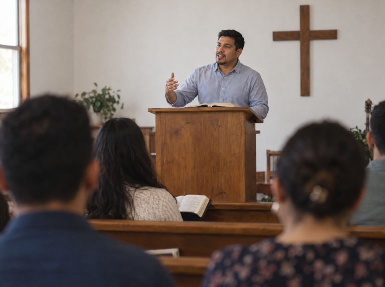 A pastor sharing a message from the Bible during Saturday worship