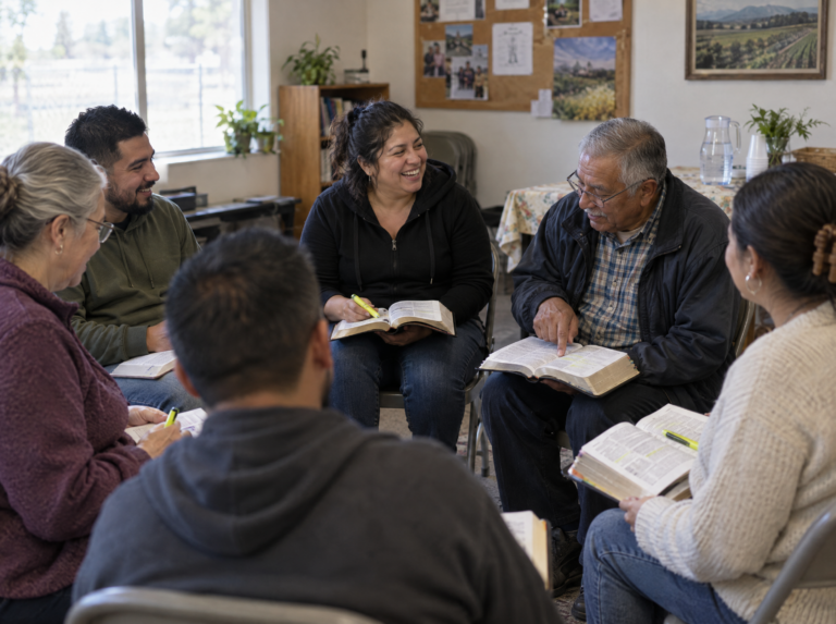 A small group studying the Bible together in a church fellowship room
