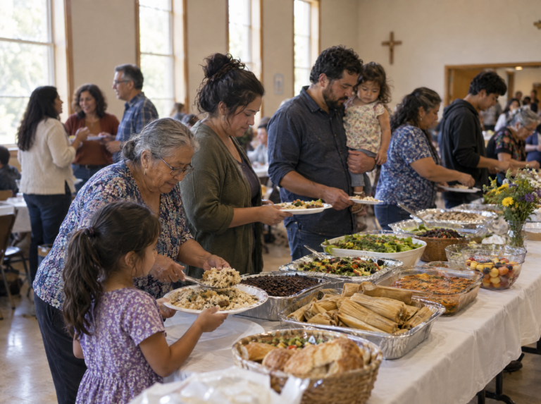 Families serving homemade dishes at a church potluck lunch